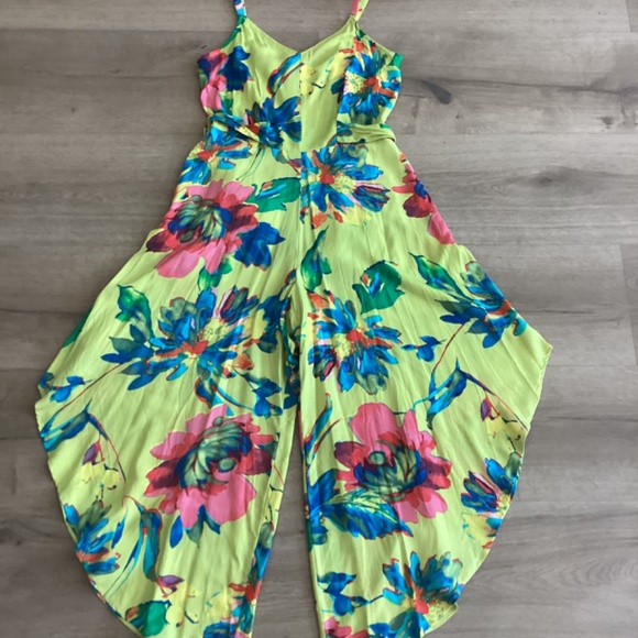 NWT MSK Womens Wide Leg Floral Romper Jumpsuit Dress Lime/ Muilticolored Sz S - Picture 4 of 15